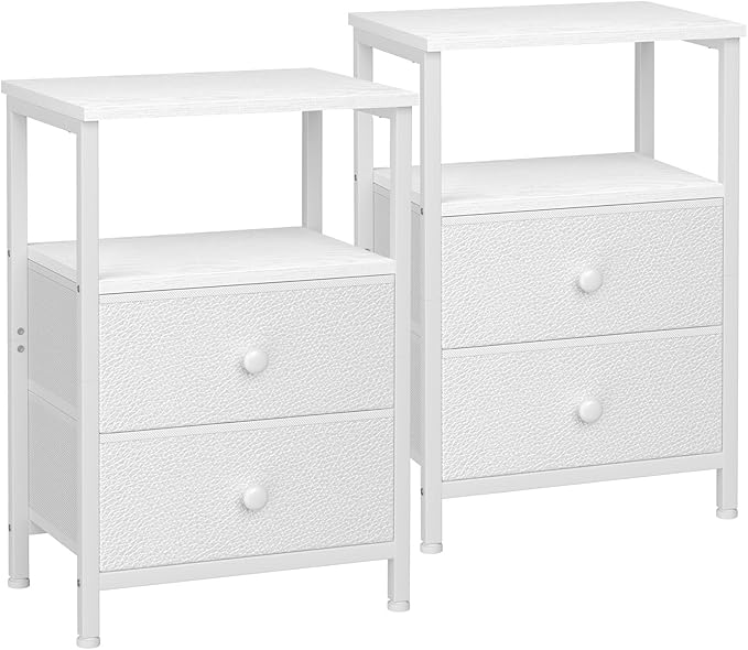 Night Stand Set 2, Bed Side Table with 2 Fabric Drawers, Nightstand with Open Storage Shelf for Bedroom, Small End Tables Living Room, White, HETS002WP