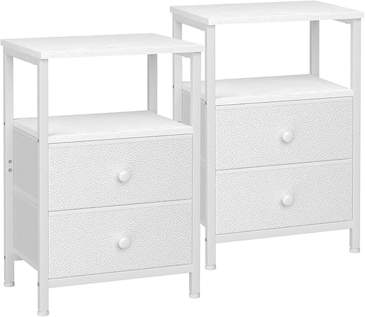 Night Stand Set 2, Bed Side Table with 2 Fabric Drawers, Nightstand with Open Storage Shelf for Bedroom, Small End Tables Living Room, White, HETS002WP