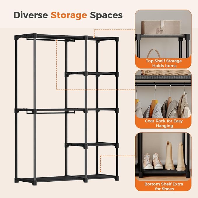 OLIXIS Portable Wardrobe Closet with Hanging Rods, 44 Inch Portable Clothing Rack with Shelves, Heavy Duty Clothes Rack, Freestanding Closet Organizer, 44" L x 15.7" W x 65" H