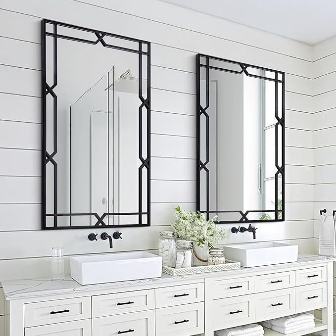 Chende 47"x32" Black Mirror for Wall Decor, Large Rectangular Decorative Mirror with Matte Black Metal Pipe Frame for Dining Room Living Room, Bathroom, Entrance, Fireplace