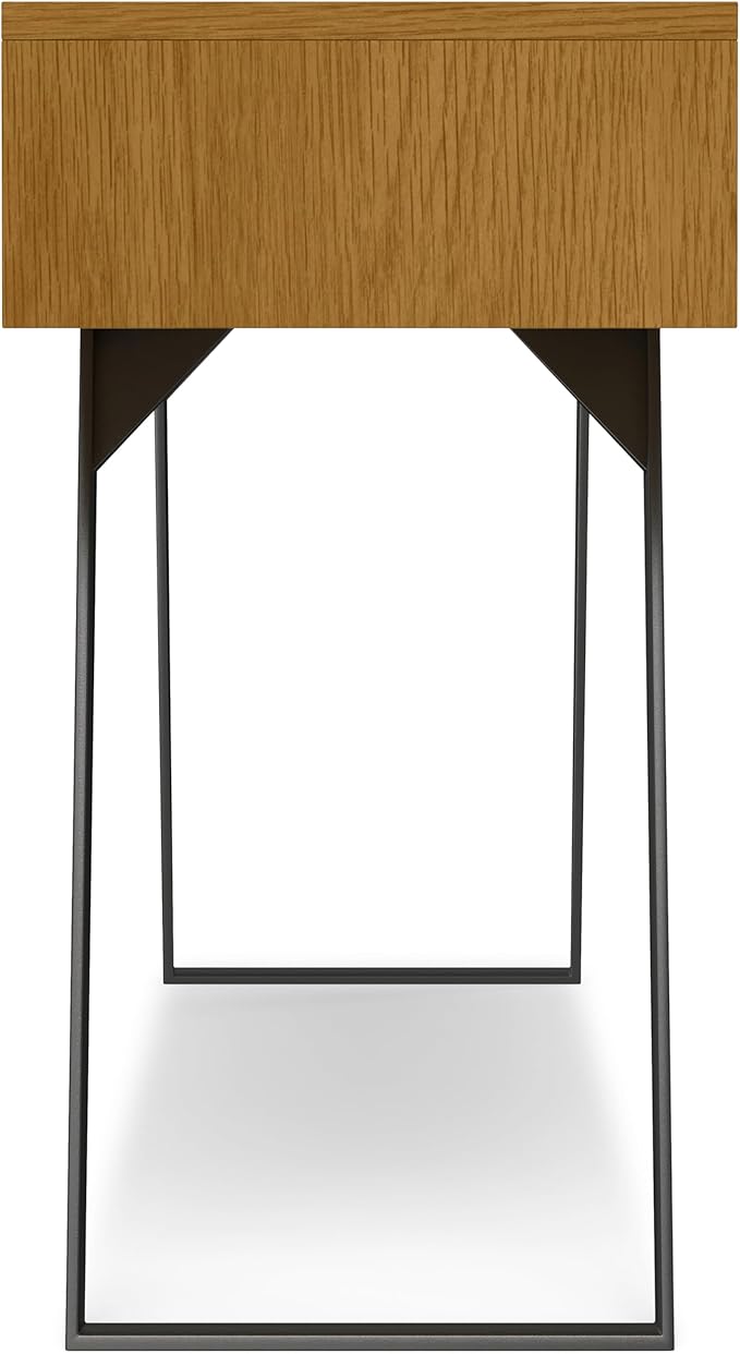 SIMPLIHOME Lowry Console Table - 60 Inch Wide Solid Oak Veneer and Metal Sofa Table in Oak, Modern Industrial Storage Table for Entryway or Living Room with 3 Drawers and Angled Metal Legs