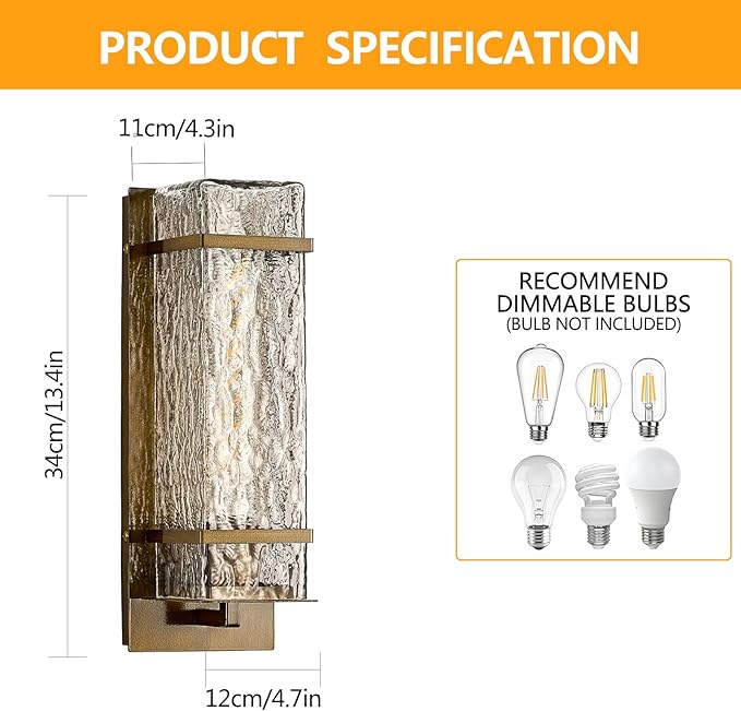 Outdoor Wall Light, Vintage Gold Exterior Waterproof Lanterns,H13.4in Porch Sconces Wall Mounted Lighting with E26 Sockets, for Garage,Doorway,Patio,Front Door