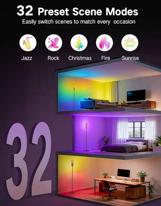 OUTON LED Floor Lamp with Remote & APP Control, Tall Standing Lamp, 16 Million Colors, 32 Scene Modes & Music Sync, Modern Corner Lamps for Living Room, Bedroom, Gaming, Black & Glass Lampshade