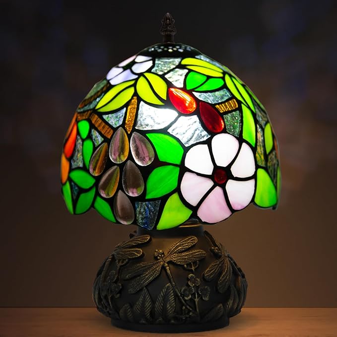 JHuiLap Small Tiffany Stained Glass Lamp, 3 Color Temperatures Bedside Lamp, 8 Inch Mushroom Desk Light for Bedroom Living Room Office Home Decor (Grape Pattern)