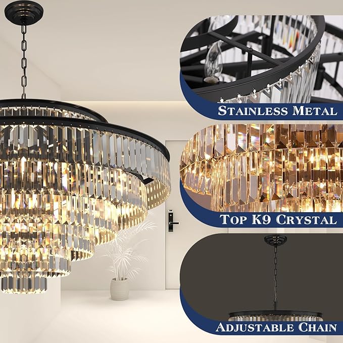 Crystal Chandelier 7-Tier Luxury Pendant Lights Fixture Hanging Adjustable for Dining Room Living Room Dia 39 Inch-Black