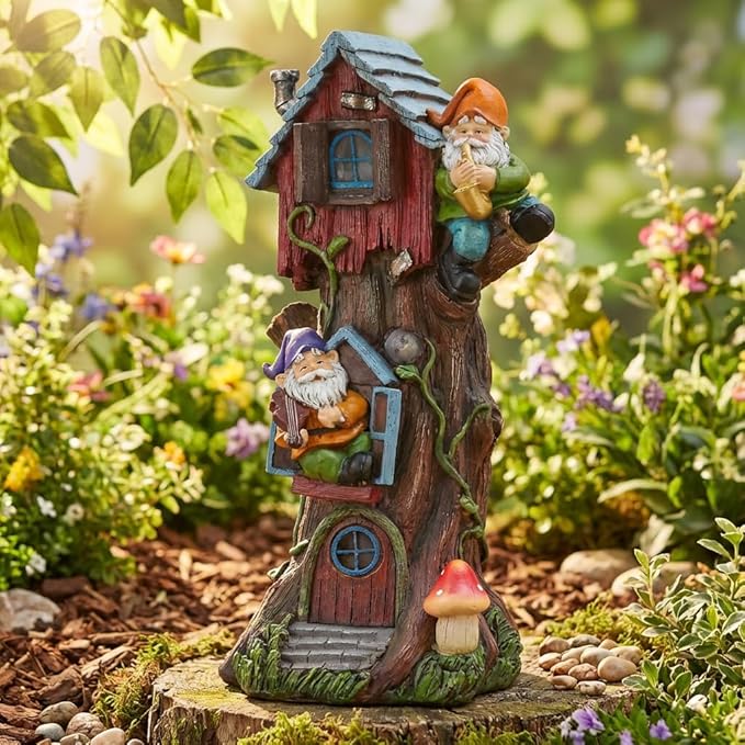 TERESA'S COLLECTIONS 11" Tall Large Garden Statues Gnome Treehouse with Solar Outdoor Light, Dad Gifts for Men,Resin Garden Decor Lawn Ornaments for Patio Yard Decor Gifts for Dad and Mom
