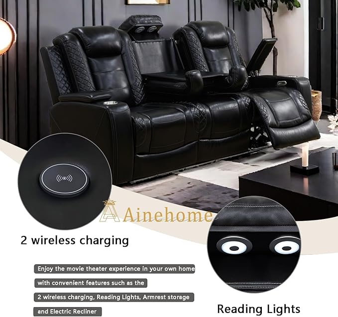 A Ainehome Power Leather Recliner Sofa Set, Recliner Sofa Sectional Couches for Living Room, Reclining Sofa, loveseat, Chair with Storage Console/Cup Holders(Black,Sofa)