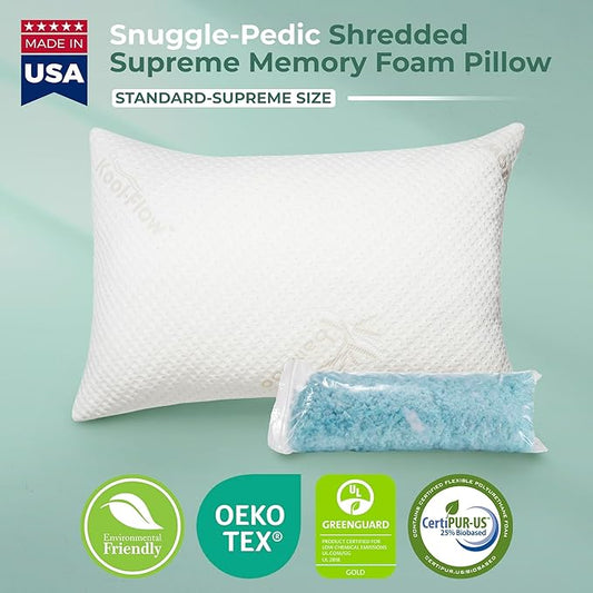 Snuggle-Pedic Adjustable Gel Cooling Pillow - Shredded Memory Foam Pillows for Side, Stomach & Back Sleepers - Keeps Shape - College Dorm Room Essentials for Girls and Guys - Standard