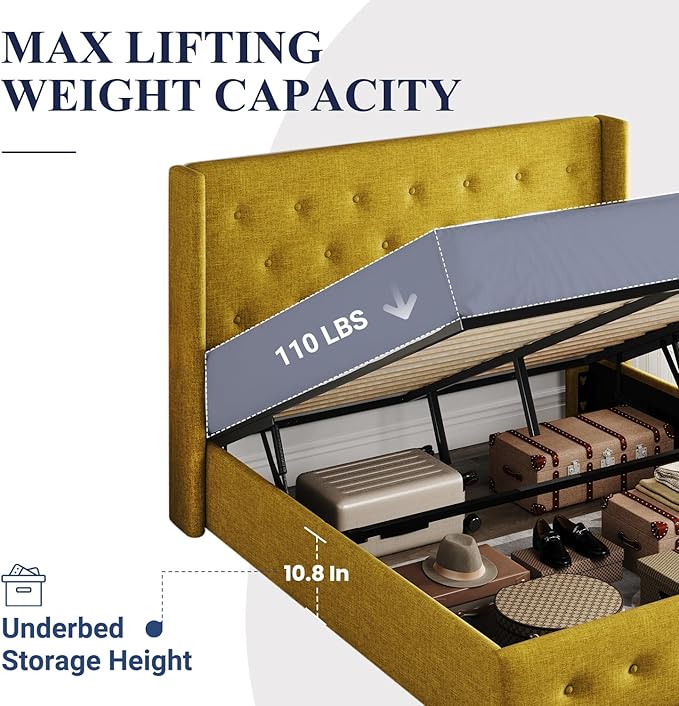 Allewie Full Size Lift Up Storage Bed, Button Tufted Headboard with Wingback, Hydraulic Support, No Box Spring Needed, Olive Yellow