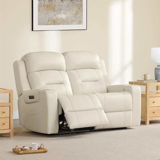 Watson & Whitely Genuine Leather Power Loveseat Recliner Sofa, Lay Flat Loveseat Reclining Sofa with Power Headrest, Cup Holders, USB & Type-C Ports, Dual Recliners for Living Room, Cream