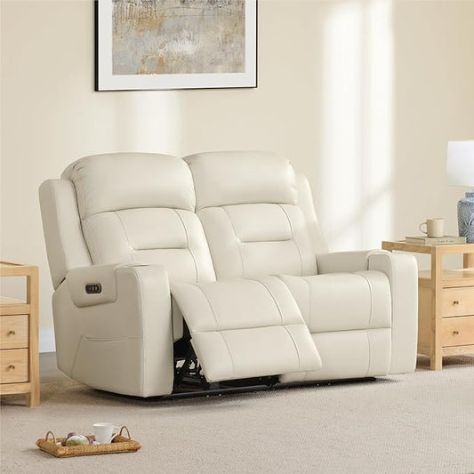 Watson & Whitely Genuine Leather Power Loveseat Recliner Sofa, Lay Flat Loveseat Reclining Sofa with Power Headrest, Cup Holders, USB & Type-C Ports, Dual Recliners for Living Room, Cream