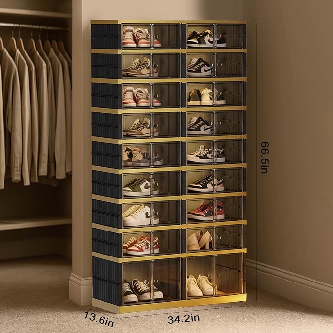 Foldable Shoe Rack Organizer 9 Tiers 36 Pairs Shoe Shelf with Doors, Large Collapsible Shoe Cabinet, Folding Plastic Storage Boxes, Easy Assembly Shoe Storage Bins for Entryway, Black Gold