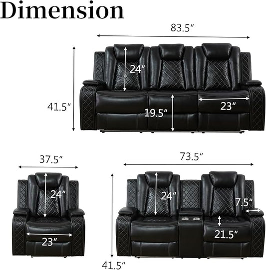 Breathing Leather Power Recliner Sofa Set, 2 Piece Leather Loveseat and Recliner Chair Set, Living Room Furniture Set with Storage Console/LED Lighting (Black, Loveseat+Chair)