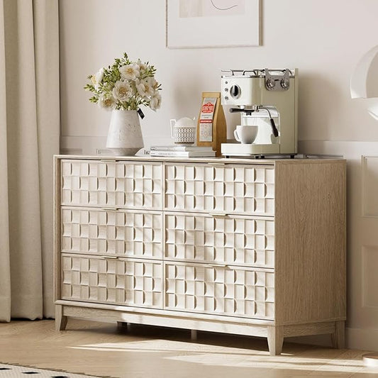 COLAMY Fluted Storage Cabinet with 6 Drawers, 55” Modern Wood Organizer Sideboard, Accent Cabinet with Metal Handles for Living Room, Entryway, Hallway, Oak