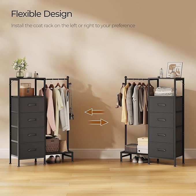 Dresser for Bedroom with Reversible Hanging Rack, 4 Drawers Dresser with LED Lights, Fabric Dressers with Open Shelf, Chest of Drawers with Clothes Rack, Kids Dressers for Bedroom, Black