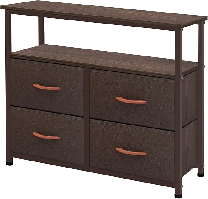 Dresser for Bedroom, 4 Drawer Organizer Unit with Open Shelves, Sturdy Steel Frame, Wooden Top Fabric Dressers & Chest of Drawers for Nursery, Living Room, Office, Closet Storage, Coffee