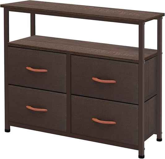 Dresser for Bedroom, 4 Drawer Organizer Unit with Open Shelves, Sturdy Steel Frame, Wooden Top Fabric Dressers & Chest of Drawers for Nursery, Living Room, Office, Closet Storage, Coffee