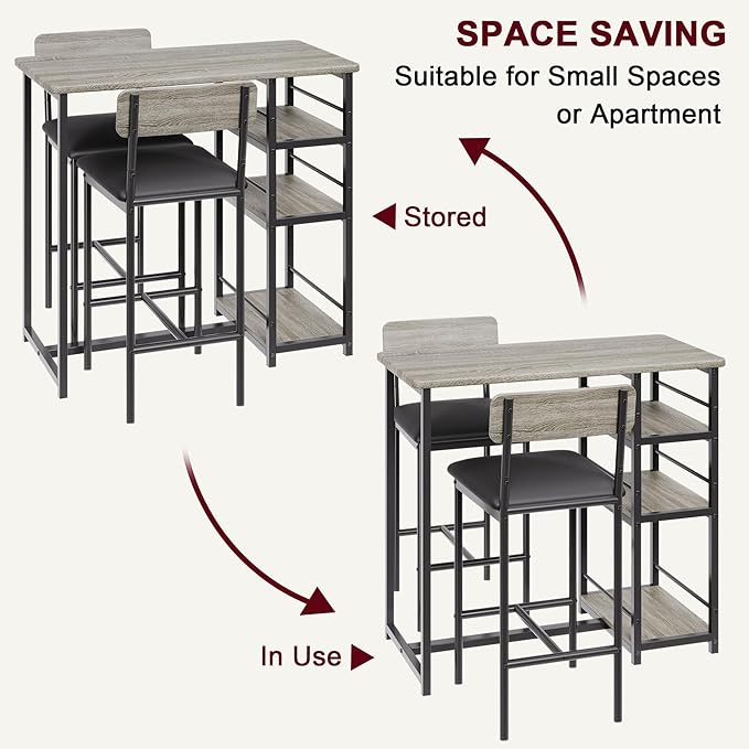 Amyove Dining Table Set for 2, Bar Table and Chairs for 2, Kitchen Table Set with 2 Upholstered Chairs, 3 Large Storage Shelves, Pub Table Set for Small Space, Apartment, Breakfast, Rustic Grey