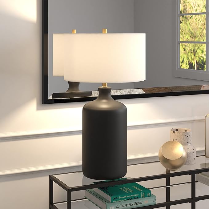 Henn&Hart 29" Transitional 1-Light Table Lamp with White Fabric Drum Shade for Living Room, Bedroom, or Office, Flat Black