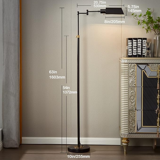 GyroVu Dimmable LED Pharmacy Floor Lamp for Living Room, Full Range Dimming Bedroom Floor Lamp, Adjustable Height Standing Lamp with 350° Swing Arm