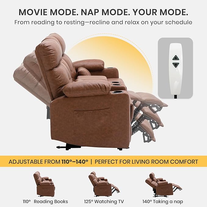 GUEAPY 68" Power Reclining Loveseat with Heat & Massage, Wall Hugger Double Reclining Sofa with Console, Cup Holders & Storage, Power Reclining Couch for Camper, Trailer, RV, Home Theater Living Room
