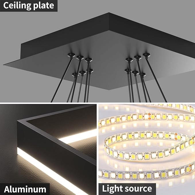 Modern LED Chandelier, Black Square Chandelier, 3 Rings Ceiling Pendant Light with Remote Control, Modern Chandelier Lighting for Bedrooms Dining Rooms