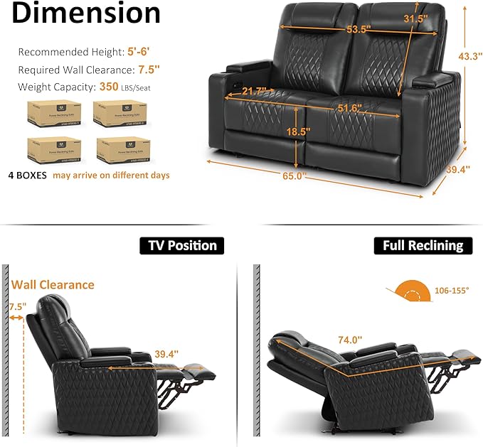 MCombo 65" Zero Gravity Oversized Power Reclining Loveseat with Adjustable Headrest for Living Room, Double Recliner Sofa with USB & Type C Port, Armrest Storage & LED Light HTS401SET