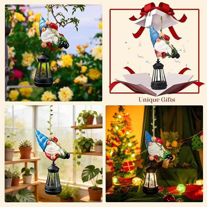 Solar Hanging Gnome Garden Statues Climbing Rope Gnome with LED Lantern Spring Outdoor Decor Tree Hugger Yard Porch Wall Fence Decoration Easter Christmas Birthday Gifts for Mom Women