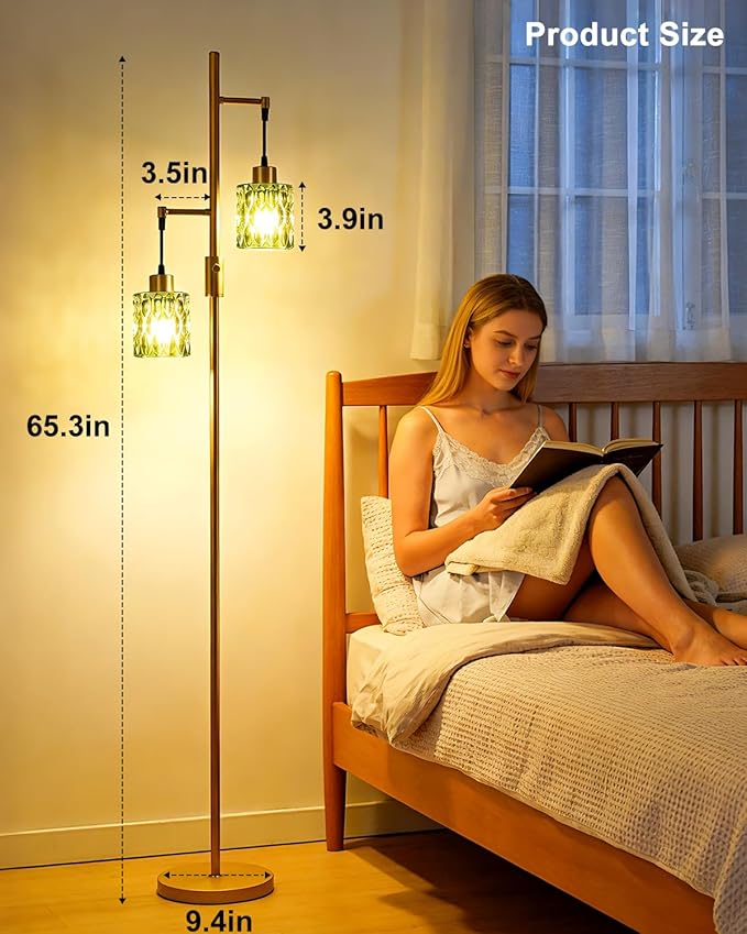 Lightdot 65IN Industrial Gold Floor Lamp for Living Room, 2- Light Green Glass Floor Lamps with 3000K Warm White Bulbs, Modern Farmhouse Tree Standing Tall Lamp for Bedroom Office Home Decor