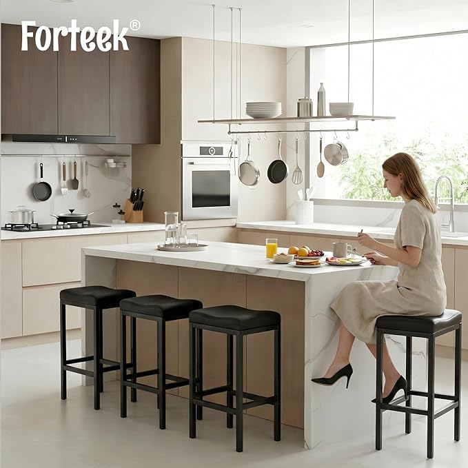 Counter Height Bar Stools Set of 2, 25.5 Inch, Faux Leather bar Stool, Saddle Barstool with Footrest,Stools for Kitchen Counter,Dining Room,Easy Assembly, Black