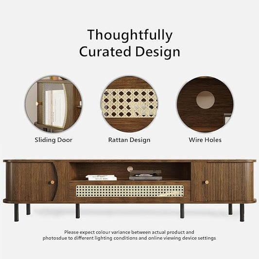 basenji 79" Fluted TV Stand with Sliding Doors & Rattan,Mid Century Modern Entertainment Center with Storage,Curved Edge Design,Media Console for TVs up to 85",TV Consoles for Living Room,Walnut