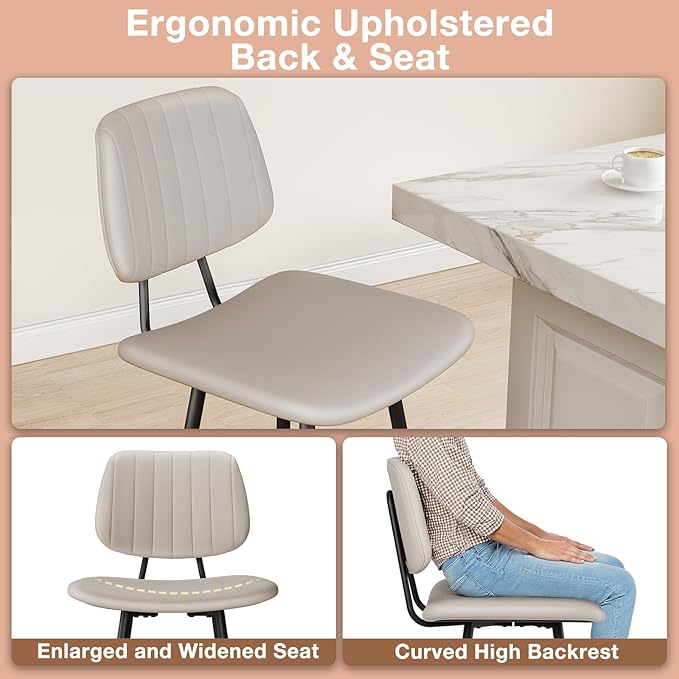 29-Inch Leather Bar Stools Set of 2, Counter Height Barstools with High Backrest，Bar Chairs for Kitchen Island with Heavy Duty Metal Legs, Beige