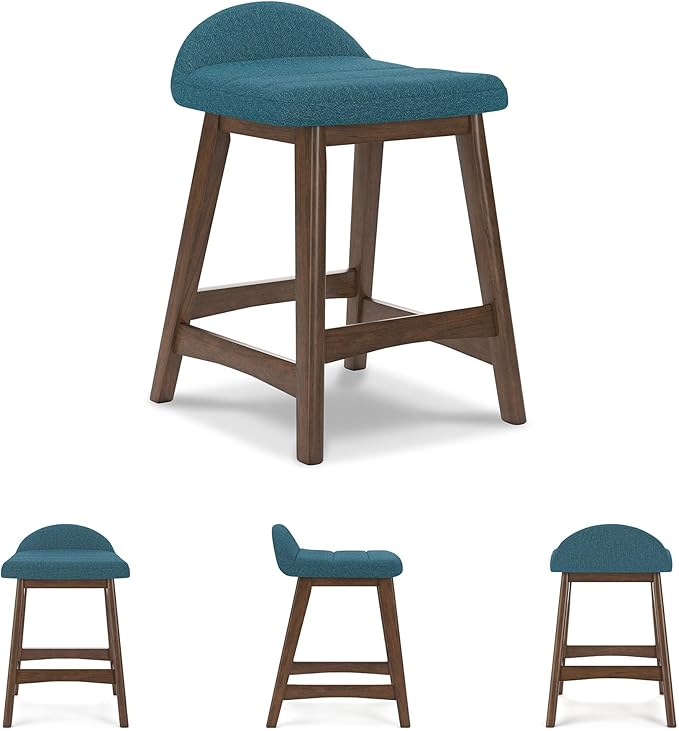 Signature Design by Ashley Lyncott Contemporary 24.25" Seat Height Counter Height Upholstered Bar Stool with Foam Cushion, 2 Count, Blue Fabric, Solid Hardwood Frame with Brown Finish