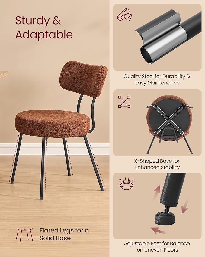 VASAGLE Boucle Dining Chairs Set of 6, Upholstered Kitchen Dining Room Chairs with Curved Backrest and Steel Frame, Modern Mid Century, Round, for Vanity, Living Room, Coffee Brown UKDC110K01-3J