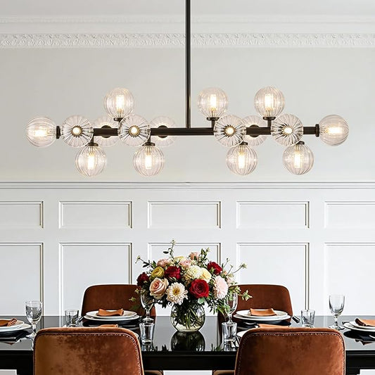 Glass Globe Sputnik Chandelier, 16-Light Mid Century Modern Light Fixture Over Table, Linear Chandeliers for Dining Room, Kitchen Island, Black and Clear Bubble, 40 Inch, GC-02