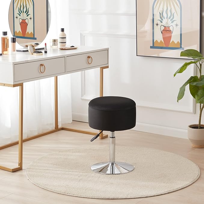 Adjustable Ottoman Stool Black Vanity Stool Vanity Chair for Makeup Room Stool Chair for Vanity Stool with Storage Makeup Stools with Storage Swivel Makeup Chair for Bathroom Velvet