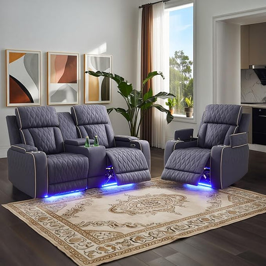 Power Leather Recliner Sofa Set with LED Light,Reclining Loveseat and Chair Set with Storage Console/USB Charger/Cup Holder,Leather Couch for Living Room Furniture Sets(2+1 Seats,Matte Navy)