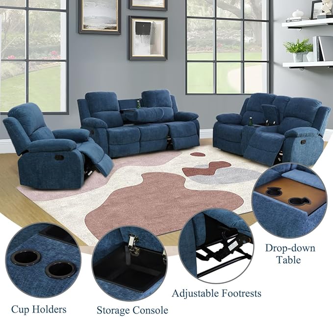 Living Room Sofa Set Recliner Sofa Set Microfiber Fabric Sofa and Loveseat Manual Recliner with Cup Holders/Storage Console for Living Room/Rv Car (Blue,Sofa+Loveseat)