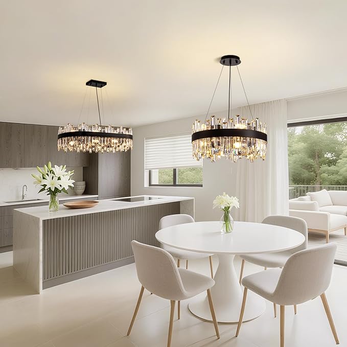 CROSSIO Modern Crystal Chandelier for Dining Room, 12-Light Luxury Black 2 Tiers Crystal Raindrop Chandelier, Contemporary Hanging Light Fixture for Living Room Entryway Foyer D19.7''