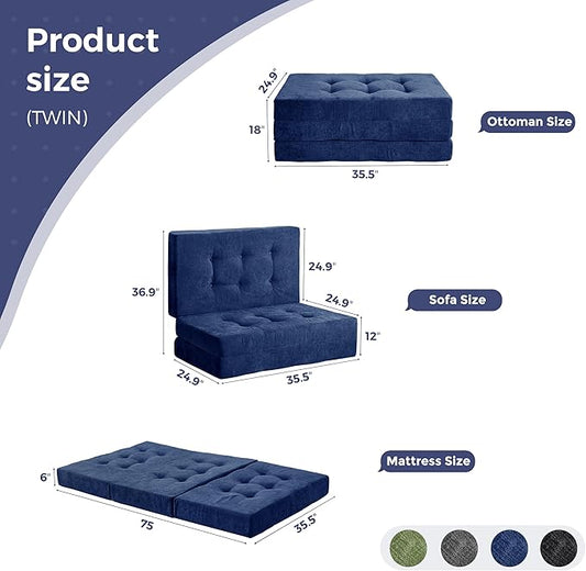 MAXYOYO Tri-Fold Mattress, 6 Inch Tufted Folding Mattress with Chenille Fabric, Portable Twin Size Floor Guest Mat for Adults, Foldable Topper for Camping, Navy, 35.4"x75"