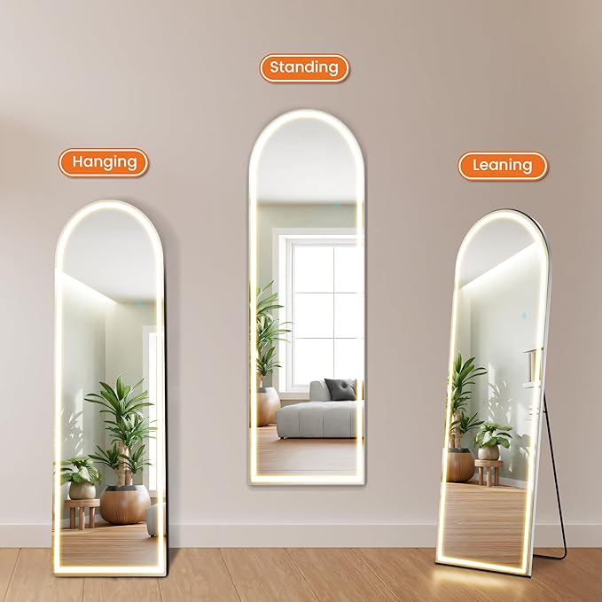 Sweetcrispy Arched Full Length Mirror with LED Lights, 63"x21" Lighted Floor Mirror with Dimming & 3 Color Lighting, Stand for Bedroom, Dressing Room