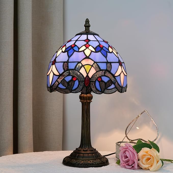 Tiffany Lamp Stained Glass lamp Small Bedside Table Lamps for Living Room Bedroom Dorm Kitchen Home Decor Festival Birthday Gift,Blue Baroque