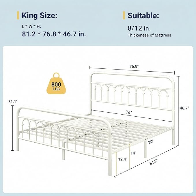 Allewie 14 Inches King Size Metal Platform Bed Frame with Victorian Style Curved Iron-Art Headboard/Footboard, Metal Slats Support, Easy Assembly, Under Bed Storage, No Box Spring Required, White