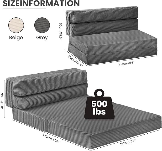 JUIKURY Folding Sofa Bed, Convertible Sleeper Chair with Pilow Foldable Matress, 2 in 1 Pull Out Loveseat Sofa Portable Fold Out Chair Bed Floor Couch Lounge for Living Room Bedroom (Grey, Full)