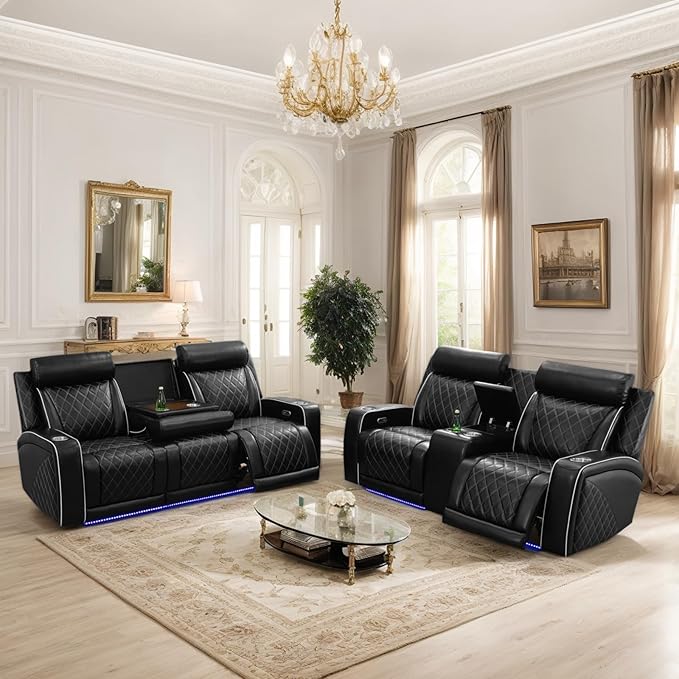 Breathing Leather Power Recliner Sofa Set, 2 Piece Leather Couch and Loveseat Set, Living Room Furniture Set with Storage Console/LED Lighting (Black New, Sofa+Loveseat)