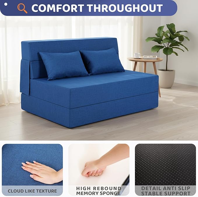 Fvkind Folding Sofa Bed, Foldable Sleeper Chair with Pillow, Convertible Fold Out Chair Bed with Washable Cover, Foldable Mattress for Living Room, Bedroom, Guest Room, Standard Size, Blue