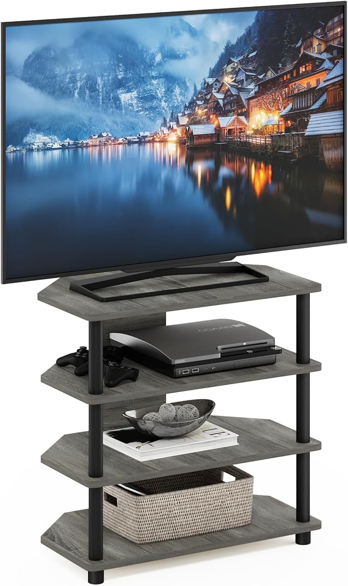 Furinno Turn-N-Tube Easy Assembly 4-Tier Petite Entertainment Center / TV Stand / TV Unit / TV Desk, French Oak Grey/Black