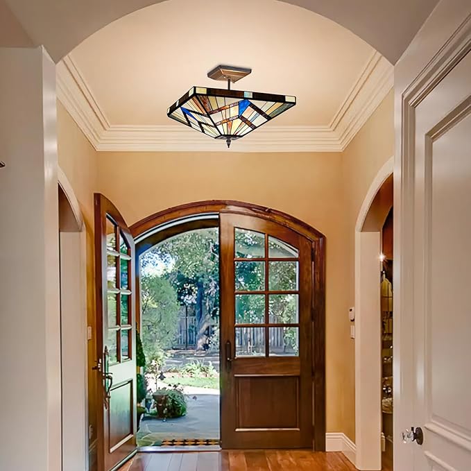 Capulina Tiffany Lamp Stained Glass Semi Flush Mount Ceiling Light 2-Light 14 Inches Wide Cream Amber Antique Tiffany Style Ceiling Lamp for Home Kitchen Porch Entryway Bathroom Hallway