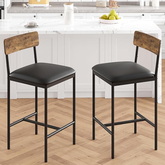 Amyove Bar Stools Set of 2, Upholstered Bar Chairs with Back, 25.5 Inches Kitchen Bar Stools with Footrest, Thick Cushion, Counter Height Barstools for Island, Counter Bar, Easy Assembly, Rustic Brown