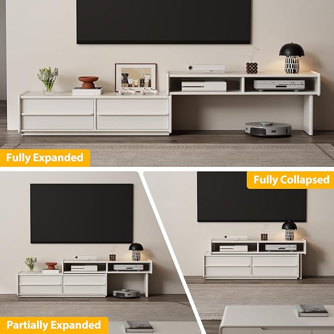 Solid Wood TV Stand for TVs up to 65 Inch，extendable tv Stand with Storage and Shelf for Living Room, Bedroom, Offic,Entertainment Center (White)